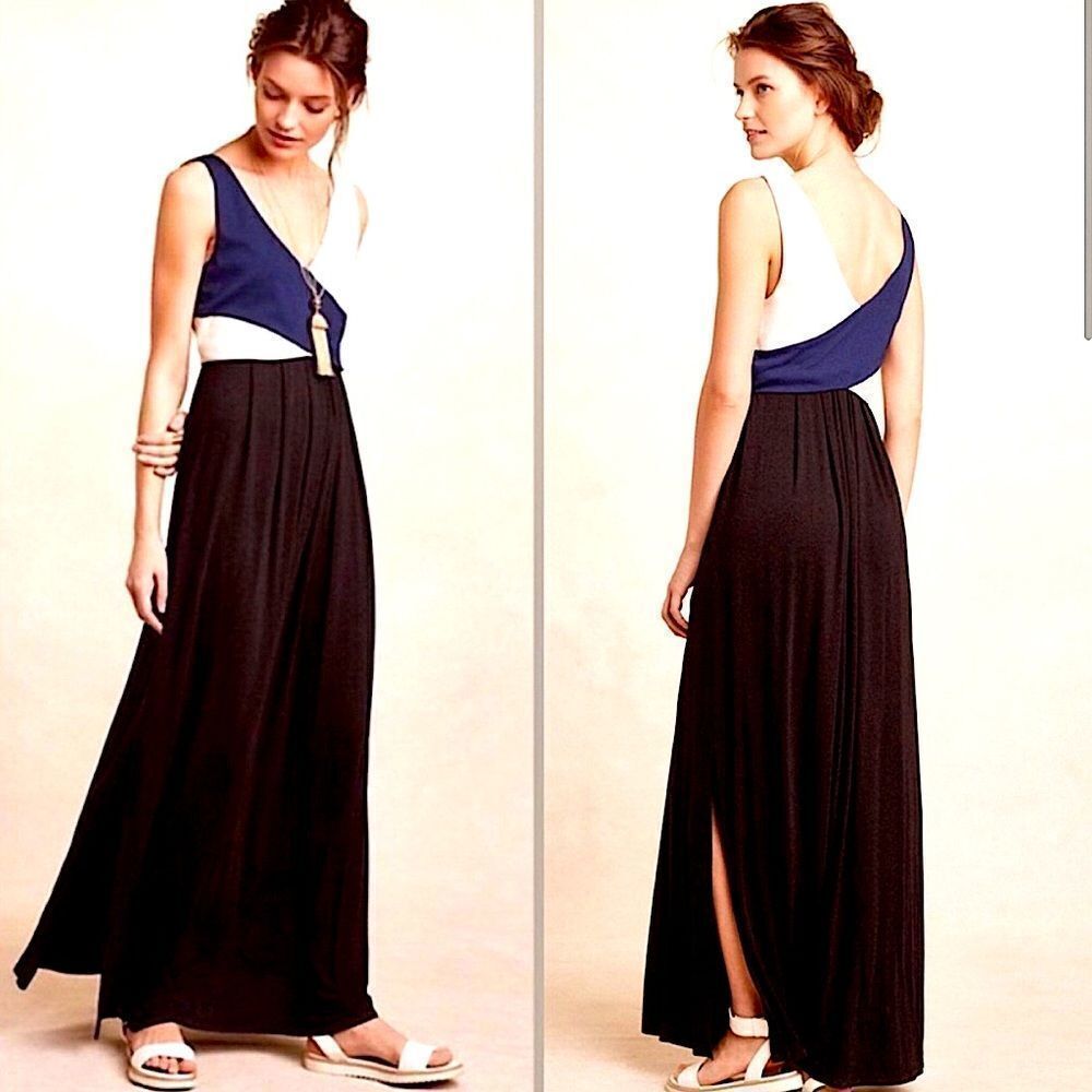 Anthropologie Maeve Elysian Colorblock Maxi dress Black white blue v-neck -S
